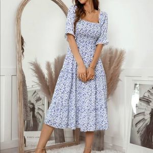 Violet Purple Floral Square Neck Peasant Sleeve Midi Dress